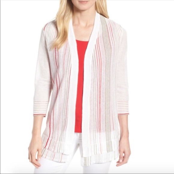 Nic + Zoe Women's White/Red Striped Open Front Festival Cardigan sz PP/US 2P - Picture 1 of 6